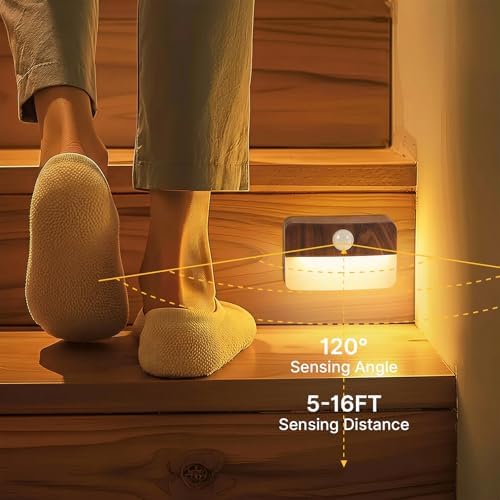 Guankai 8 Pack Motion Sensor Stair Light for Indoor, Battery Operated Closet Lights, Wireless Stick on Anywhere Hallway Lamp, Portable Led Night Lamps for Bedroom Under Cabinet Kitchen, Wood Grain