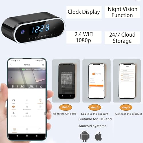 Wireless Hidden Camera Clock, 1080P HD Nanny Cam with Auto Night Vision for Home Monitoring, Indoor Motion Detection & Phone Alerts, 24H Display, Rechargeable Battery