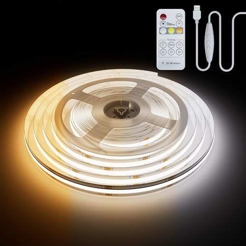 PAUTIX 5V USB CCT Tunable COB LED Strip Lights 6.56ft/2m,1280LEDs 1200lm 2700K-6500K Dimmable CRI85+ with RF Remote TV Backlight,Flexible Under Cabinet Tape Light for Bedroom,Kitchen,Home DIY Lighting