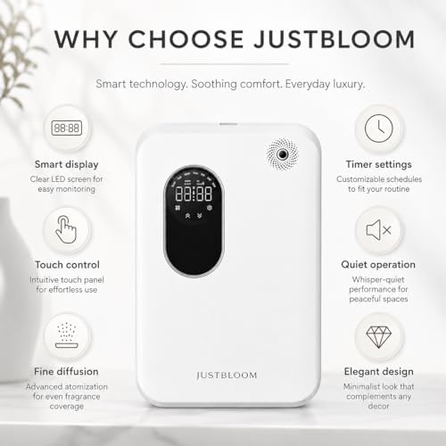 JUSTBLOOM Wall-Mounted Waterless Scent Diffuser, Smart Aroma Diffuser with LED Display, Touch Control, Timer Settings, Quiet Operation for Home, Office & Commercial Spaces, White