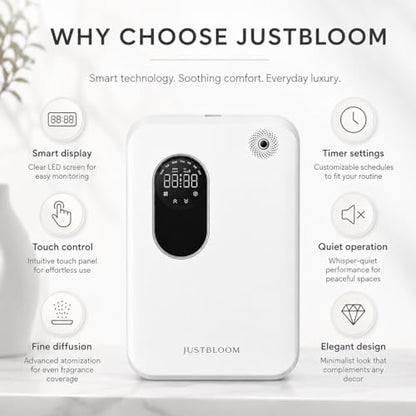 JUSTBLOOM Wall-Mounted Waterless Scent Diffuser, Smart Aroma Diffuser with LED Display, Touch Control, Timer Settings, Quiet Operation for Home, Office & Commercial Spaces, White