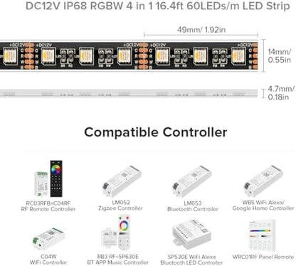 BTF-LIGHTING RGBW LED Strip IP68 Waterproof Warm White DC12V 16.4FT 300LED
