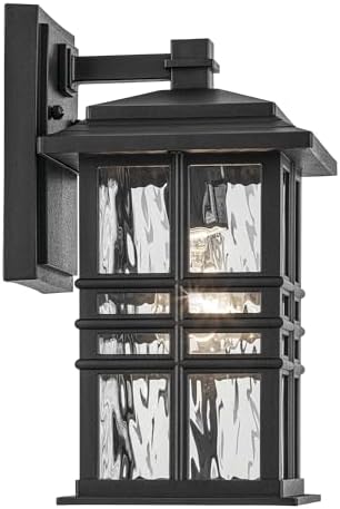 Kichler Beacon Square 12" 1-Light Outdoor Wall Light with Clear Hammered Glass in Textured Black, for Exterior Doors, Garage, Porch, or Patio (12" x 6.5"), 49829BKT