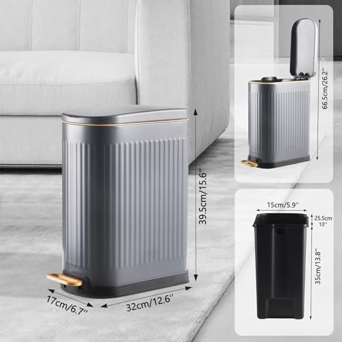 SYNCVIBE Slim Bathroom Trash Can with Soft Close Lid, 3.5 Gal, Matt Grey