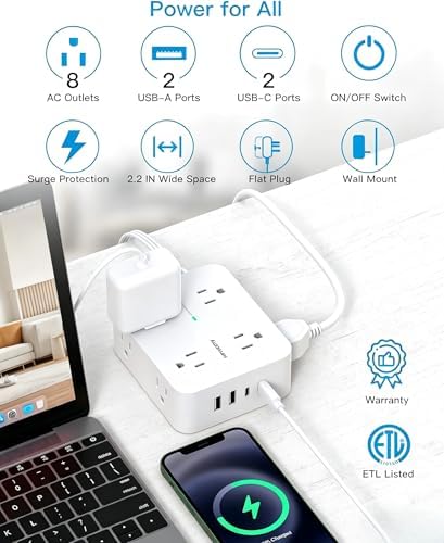 25 Ft Extra Long Extension Cord, 1080J Surge Protector Power Strip HANYCONY
