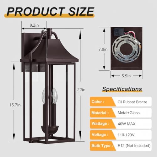 22IN Dusk to Dawn Outdoor Light Fixture, 2-E12 Base Porch Light