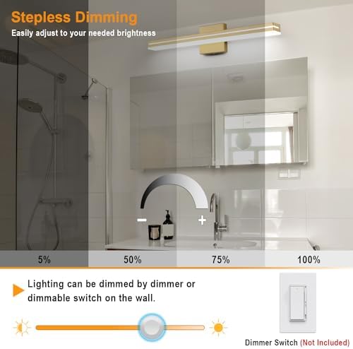 SineRise LED Modern Bathroom Vanity Light Fixtures (24-Inch, 3000K/4000K/6000K, Dimmable), Gold Modern Acrylic Bathroom Wall Lighting Fixtures Over Mirror