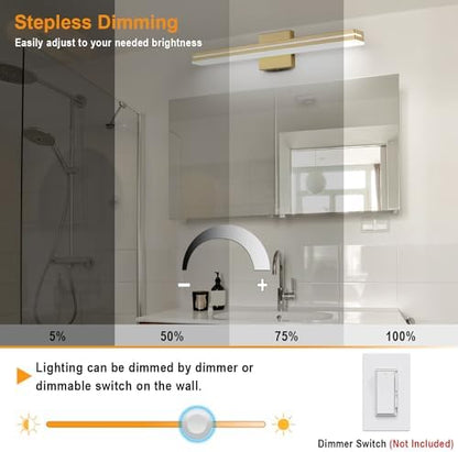 SineRise LED Modern Bathroom Vanity Light Fixtures (24-Inch, 3000K/4000K/6000K, Dimmable), Gold Modern Acrylic Bathroom Wall Lighting Fixtures Over Mirror