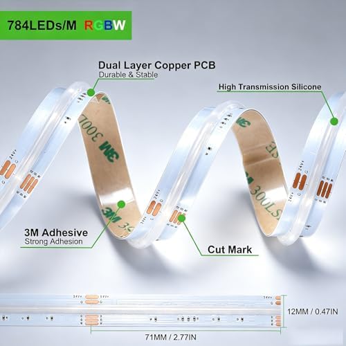 JOYLIT 24V COB LED Strip 16.4FT RGB+4000K 784 LEDs/M Dotless for DIY