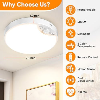 Rechargeable Motion Sensor Ceiling Light, 12000mAh Battery Closet Light