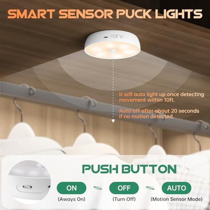 Warm Color LED Closet Lights Motion Sensor Puck Light, USB Rechargeable Battery Operated Puck Step Lights, Dimmable Under Cabinet Lighting for Counter Wardrobe Kitchen (6 Pack)