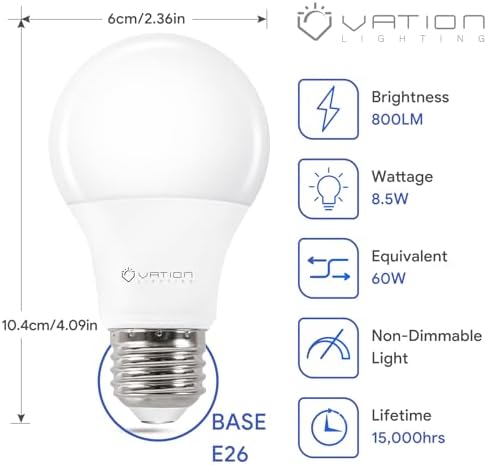 A19 Neutral White 4000K LED Light Bulbs, 60 Watt Equivalent, Non-Dimmable