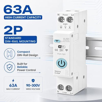 Smart WiFi Switch, AC90‑300V 63A, Leakage Protection Circuit Breaker | Tuya/Smart Life APP Remote Monitor, Voltage Power Energy, Timer Switch, Overload Over‑Current Over/Under‑Voltage Alarm