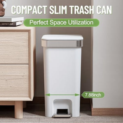 Slim Bathroom Trash Can With Lid, 2.6 Gallon /10 Liter Small Wastebasket, Press Top Bin & Step Metal Pedal Trash Bin, Mini Plastic Garbage Cans for Bedroom, Office, Kitchen, Dorm (grayish-white)