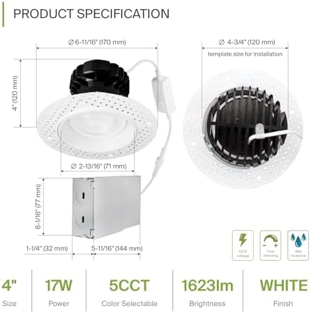 ASD 4 Inch Trimless Gimbal LED Recessed Ceiling Light, Adjustable Directional Downlight with Junction Box, 5CCT 2700K-5000K, 17W 1623 Lumens, CRI90+, Anti-Glare, Dimmable, IC & Wet Rated, ETL, 18 Pack