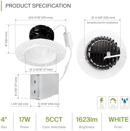 ASD 4 Inch Trimless Gimbal LED Recessed Ceiling Light, Adjustable Directional Downlight with Junction Box, 5CCT 2700K-5000K, 17W 1623 Lumens, CRI90+, Anti-Glare, Dimmable, IC & Wet Rated, ETL, 18 Pack