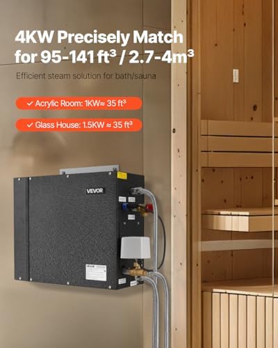 VEVOR Steam Generator, 4 kW Steam Shower System with Controller for Home Sauna & Spa, Commercial Auto Drain Kit with Overheat, Dry-Run & Overpressure Protection, 10min to 24h Timer, Black