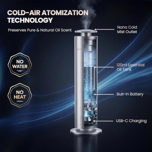Waterless Essential Oil Diffuser for Large Room up to 1000 Sq Ft - Smart Hotel Scent Diffuser for Home with App, Remote & Timer, Whisper-Quiet Aluminum, Includes 2 x 120ml Oils