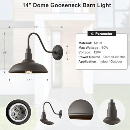 2 Pack Outdoor Barn Farmhouse Light with 14in Dome, Exterior Gooseneck Lights Fixture for House, Dark Bronze Outside Wall Mount for Porch, Patio, Entryways