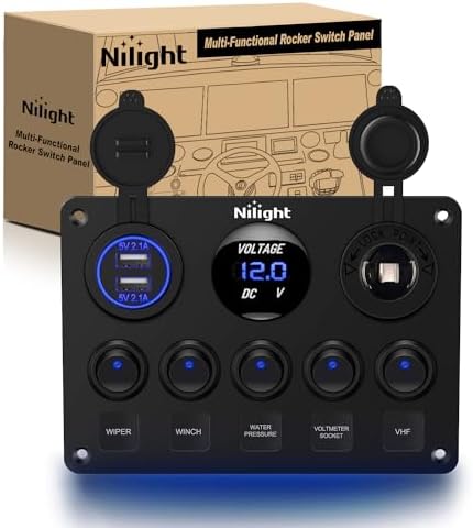 Nilight 5 Gang Multi-Function Rocker Switch Panel On Off SPST Toggle | 12V 12V/20A 24V/10A Dual USB Charger LED Voltmeter Cigarette Lighter for LED Light Bar Rear Rock Lights Trucks RV Boats 4X4 Blue