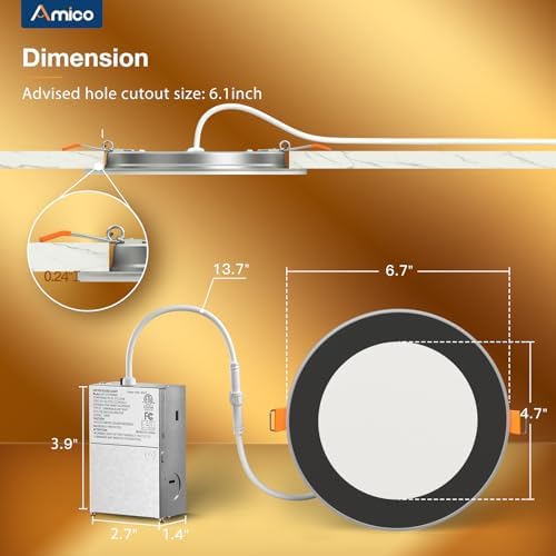 Amico 2 Pack 6 Inch LED Recessed Light with Night Light, 5CCT, Black