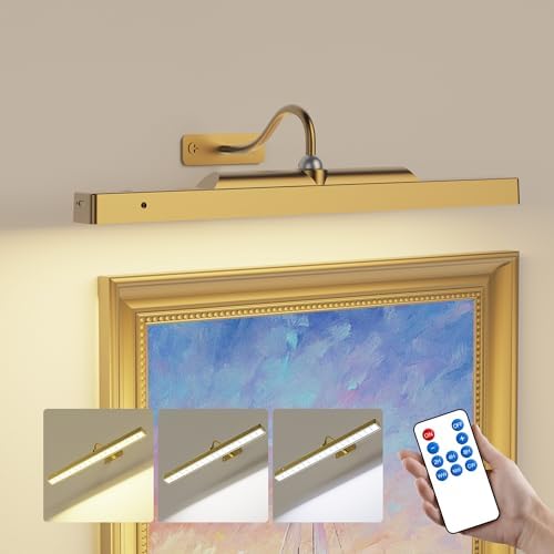 Wireless Picture Light Battery Operated, 1Pack Remote Control Painting Light with Timer, 13Hrs Service Life Art Display Light for Picture Frame Artworking Portrait, Poster, Photo, Mirror_Antique Gold