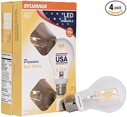 LEDVANCE 40247, Soft White 40 Watt Equivalent, A19 LED Light Bulbs, Dimmable, Color 2700K, Made in The USA with US and Global Parts, 4 Pack, 4 Count
