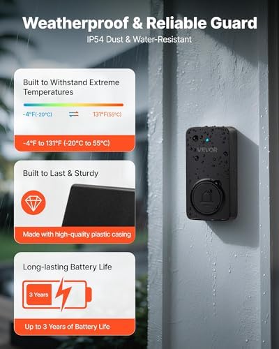 VEVOR Wireless Doorbell Kit, IP54 Waterproof Door Chime Ranges up to 1000 ft, 5 Adjustable Volumes, 48 Ringtones, Easy Installation, Wireless Doorbell Ideal for Home, Doorway, Classroom, Office, Black