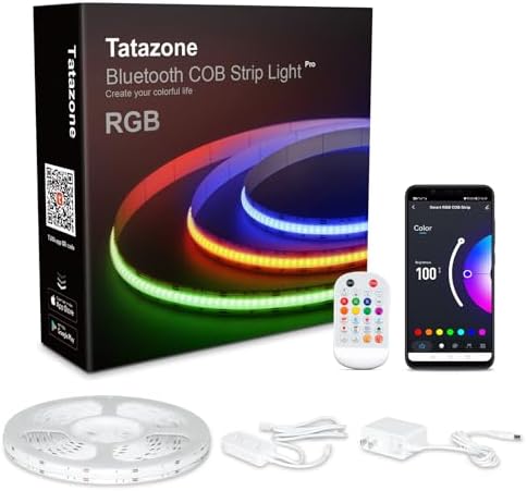 Tatazone 32.8ft Bluetooth RGB COB Led Strip Lights with Remote, Dimmable Smart App Led COB Light Strip, Color Changing Music Sync, Indoor RGB Led Lights for Bedroom, Home Decor, Party