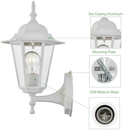 WISBEAM White Outdoor Wall Lantern, Outdoor Wall Sconce for House Porch Lighting Fixture, E26 Base 60W Max, Metal Housing Plus Glass, Wet Location Rated, ETL Qualified, Bulbs not Included