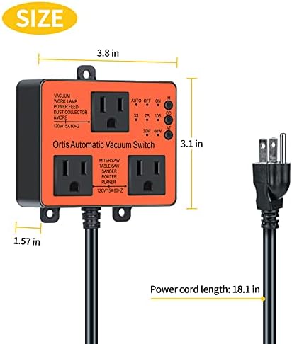 Automatic Vacuum Switch, Ortis Dust Control Autoswitch for More Power Tools, Delay Vacuum On/Off to Prevent Circuit Overload and Tripping, Adjustable Actuation Threshold