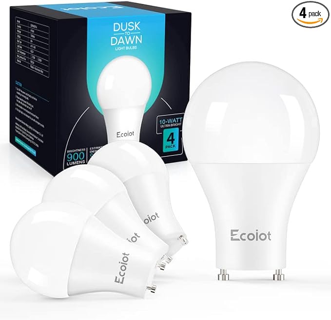 GU24 Dusk to Dawn Outdoor Light Bulbs,Light Sensor A19 LED Bulbs,Photocell Sensor, Automatic On/Off for Indoor/Outdoor Security Lighting,10-Watt(90-Watt Equivalent),5000K Daylight, 4 Pack