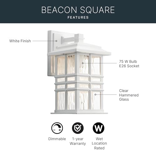 Kichler Beacon Square 12" Outdoor Wall Light in White, 1-Light Exterior Wall Sconce with Clear Hammered Glass, (12" H x 6.5" W), 49829WH