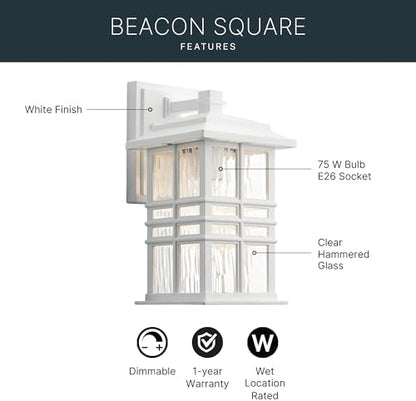 Kichler Beacon Square 12" Outdoor Wall Light in White, 1-Light Exterior Wall Sconce with Clear Hammered Glass, (12" H x 6.5" W), 49829WH