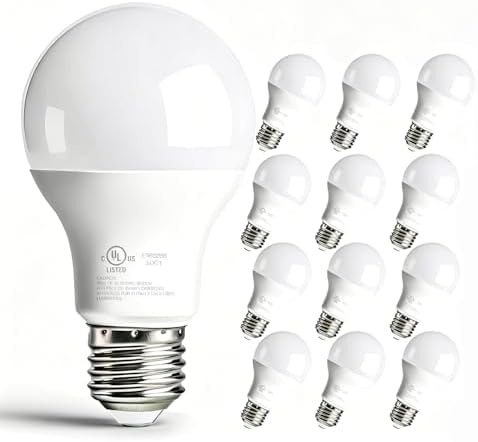 dalattin A19 LED Bulbs, 5000K Daylight White, 60 Watt Equivalent, E26 Base, 800 LM, 9W Energy Saving, Non-Dimmable, 80+ CRI, 120V, UL Listed, for Living Room, Office, 12 Packs