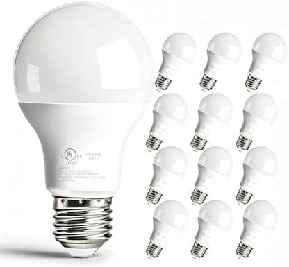dalattin A19 LED Bulbs, 5000K Daylight White, 60 Watt Equivalent, E26 Base, 800 LM, 9W Energy Saving, Non-Dimmable, 80+ CRI, 120V, UL Listed, for Living Room, Office, 12 Packs