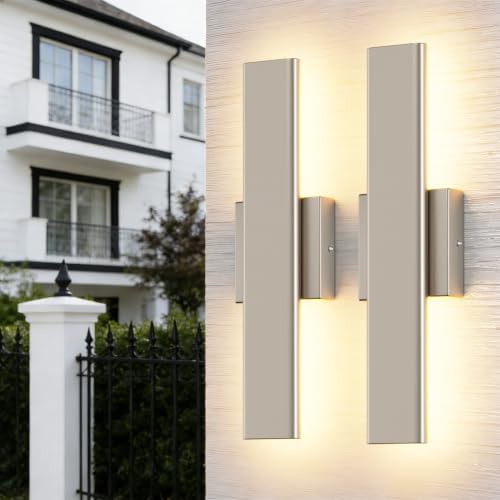 Aipsun 15.7" Nickel LED Outdoor Wall Sconce, Modern Exterior Wall Light