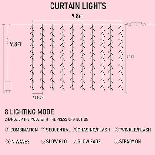 Dazzle Bright 300 LED Curtain String Lights, Valentine's Day Fairy Lights for Bedroom with 8 Lighting Modes, Connectable Waterproof Window Lights Party Wedding Garden Wall Christmas Decor, Pink