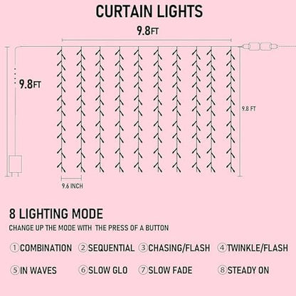 Dazzle Bright 300 LED Curtain String Lights, Valentine's Day Fairy Lights for Bedroom with 8 Lighting Modes, Connectable Waterproof Window Lights Party Wedding Garden Wall Christmas Decor, Pink