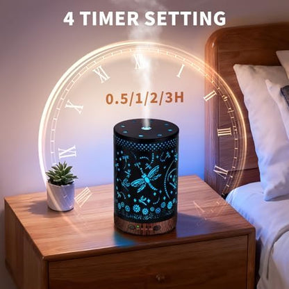 Essential Oil Diffuser 120ML Metal Aromatherapy Diffuser with Timer, Cool Mist Humidifier with Auto Shut-Off & 7 Color Lights for Home Office Spa (Dragonfly)