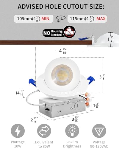 Adetu 4 inch Gimbal LED Recessed Light, 5CCT, 10W=95W, 982LM, 8 Pack