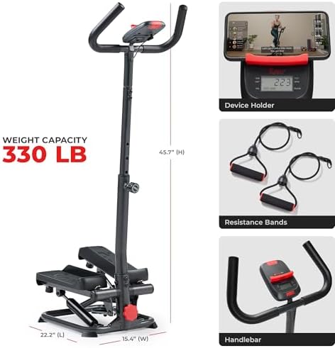 Sunny Health & Fitness Smart Stair Stepper w/Handlebar & Resistance Bands | 330 lb Capacity, Adjustable Handlebar & Step Height, Stair Climber, Device Holder, Hydraulic Resistance, SunnyFit App