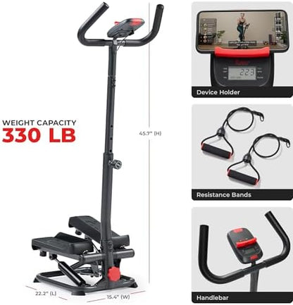 Sunny Health & Fitness Smart Stair Stepper w/Handlebar & Resistance Bands | 330 lb Capacity, Adjustable Handlebar & Step Height, Stair Climber, Device Holder, Hydraulic Resistance, SunnyFit App