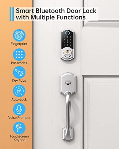 Smart Front Door Lock Set: SMONET Keyless Entry Door Lock with Handle, Front Handle Set Fingerprint Smart Deadbolt Bluetooth Electronic Digital Keypad, Alexa Unlock Silver