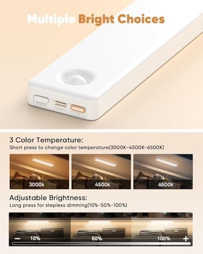 6 Pack 13inch Under Cabinet Lighting, 3 Color Temperatures Motion Sensor Light Indoor, USB Rechargeable Battery Operated Closet Lights, Dimmable LED Cabinet Lights, Under Counter Light for Kitchen
