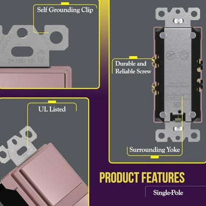 ENERLITES Rose Gold Double Paddle Decorator Single Pole Switch, 15A, 1 Pack