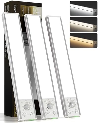 EZVALO 16.5'' Under Cabinet Lighting Wireless, 3Pack Rechargeable Closet Lights, LED Motion Sensor Indoor, Dimmable & 3 Color Temps Battery Operated with Power Display, for Kitchen, Stairs, Bookshelf