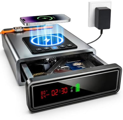 XDeer Biometric Gun Safe for Handgun with Wireless Charging, Quick Access Fingerprint Gun Safes, Bedside Pistol Case, 7/24 Digital Alarm Clock Small Safe Silver 1PCS