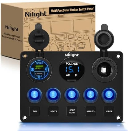 Nilight 5 Gang Multi Function Switch Panel Waterproof Pre-Wired