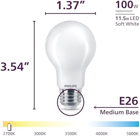 PHILIPS LED 100W A19 8-Pack Ultra Definition (2700K) 1500 Lumen (11.5W = 100W) Dimmable Frosted Flicker-Free Light Bulbs